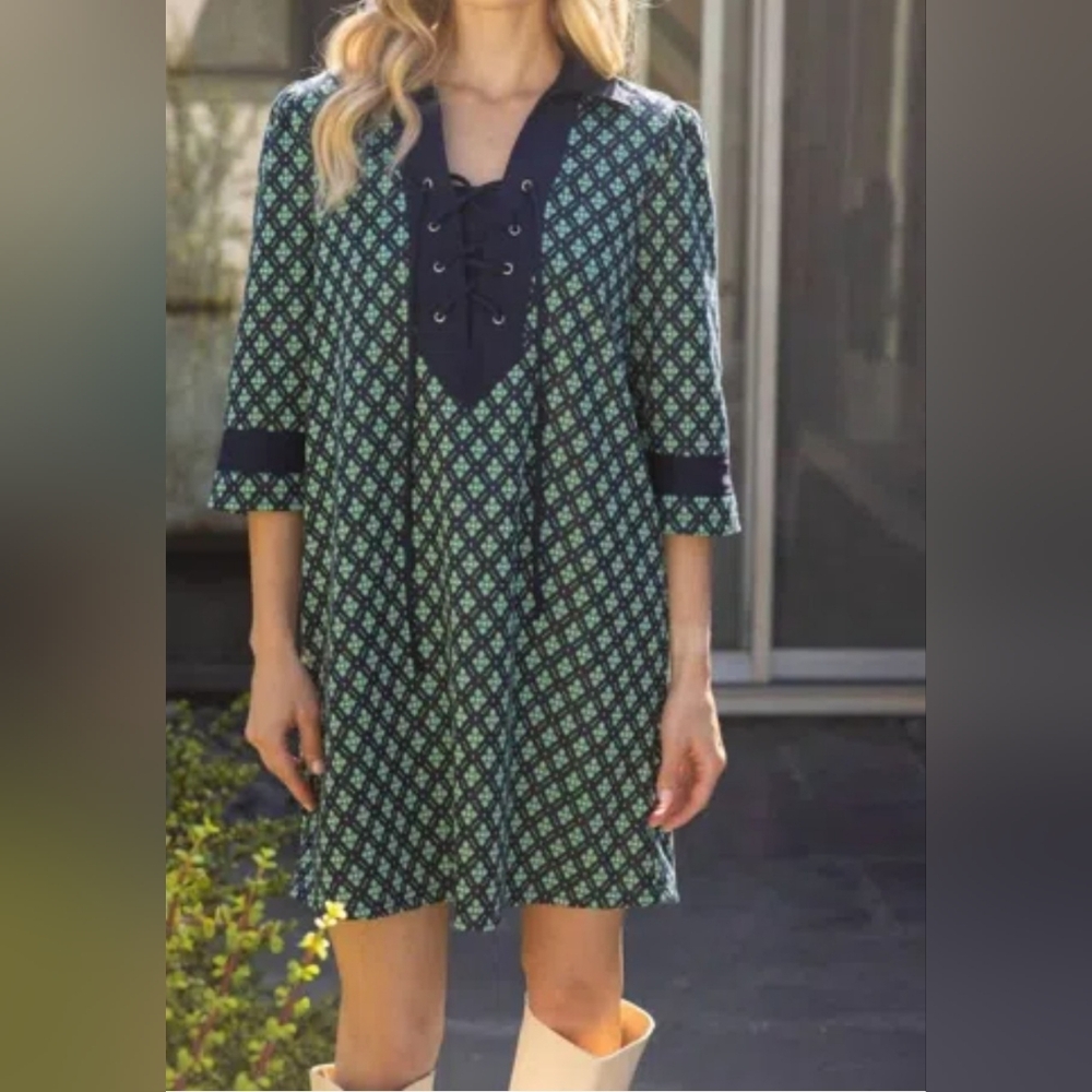 Voy Dress Women Size S Mixed Fabric Navy and Green Diamond Pattern